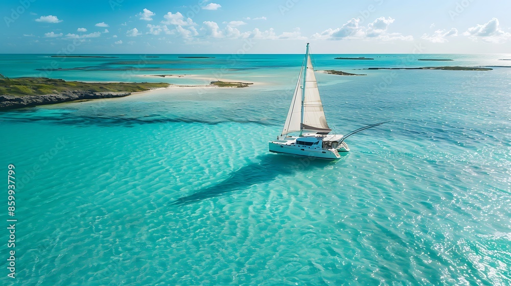 Obraz premium beautiful production catamaran is sailing through the clear waters of the bahamas