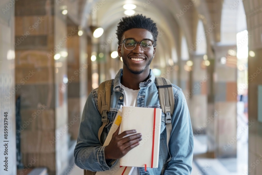 Black male student in a university hallway holding books, smiling warmly, wearing glasses and a denim jacket. Black male student in a university hallway holding books, smiling warmly, wearing glasses and a denim jacket.