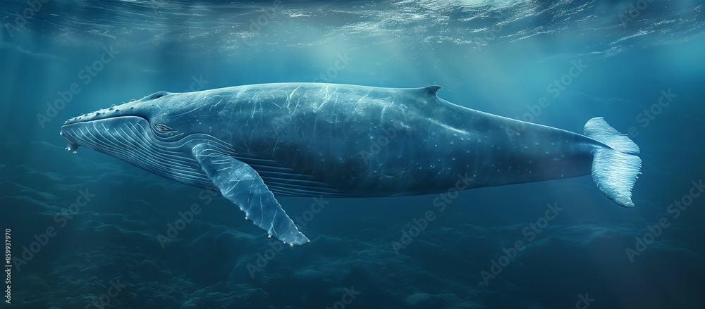 Diving Blue Whale in Deep Ocean A magnificent blue whale diving deep into the ocean, captured in a full-body shot, highlighting its immense size and graceful movement. Diving Blue Whale in Deep Ocean A magnificent blue whale diving deep into the ocean, captured in a full-body shot, highlighting its immense size and graceful movement.