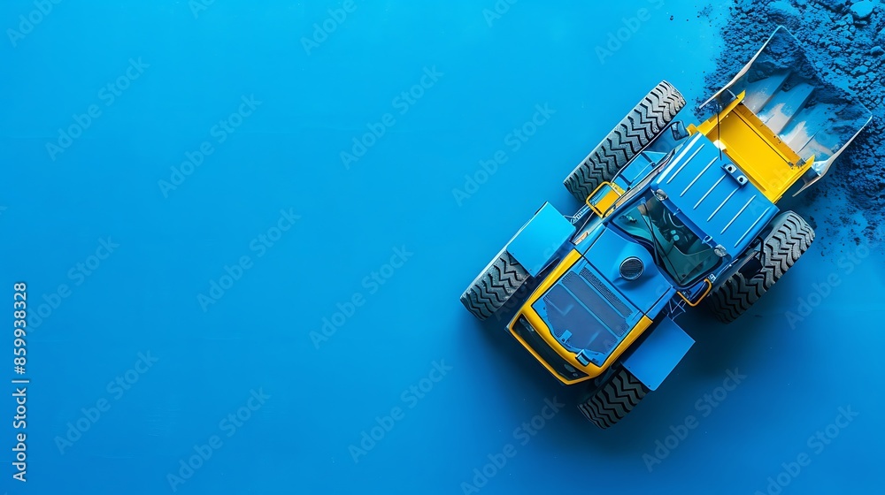 Blue construction equipment on color background top view Blue construction equipment on color background top view