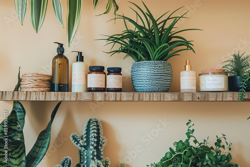 Minimalist bathroom shelf adorned with eco-friendly skincare essentials, conscious self-care rituals.