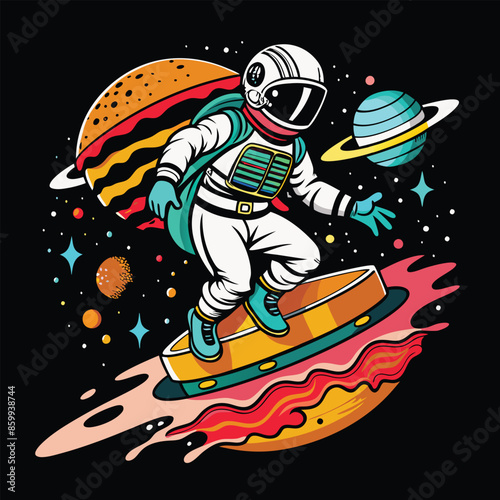 Skating astronaut graphic t-shirt design ready for print, spaceman symbol, outer space, moon. vector illustration