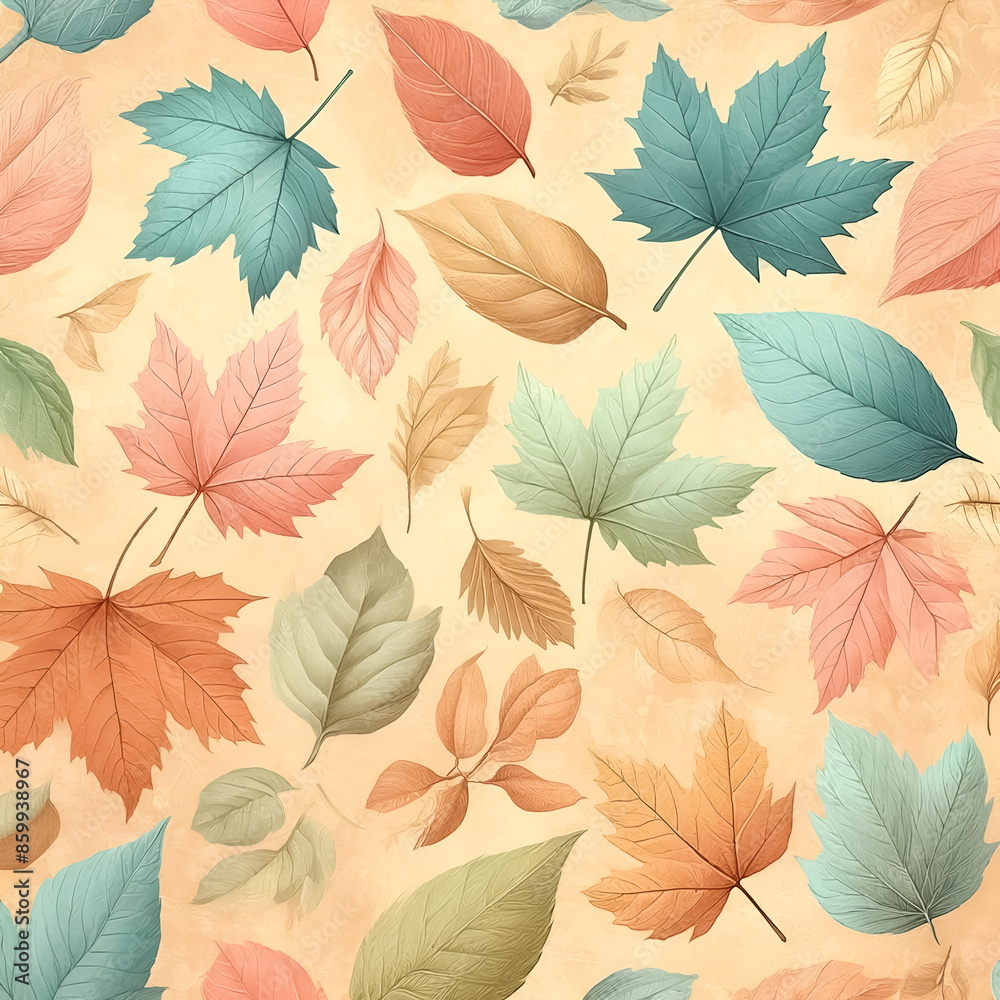 An eye-catching autumn background with a mix of leaves in pastel colors of orange, teal, and cream, creating a fresh and modern seasonal design. Great for creative projects and digital media.
