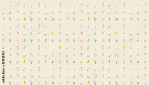 A pattern that features small flowers in grids in pastel colors on cream linen fabric, each grid contains one flower from various varieties, the grid is pink dotted lines