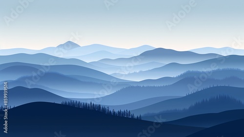 Serene mountain landscape with hazy blue hues and distant trees.