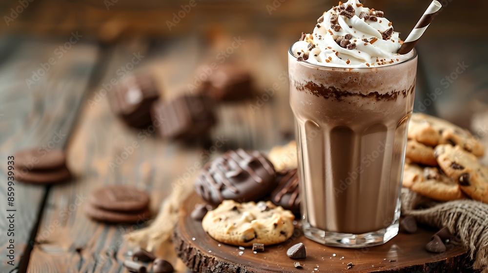 Chocolate milkshake with whipped cream on a wooden table milkshake and sweet cookies with summer background Chocolate milkshake with whipped cream on a wooden table milkshake and sweet cookies with summer background