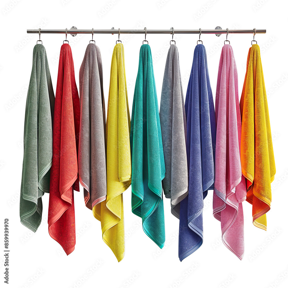 Symmetrical Array of Vibrant Towels on Stylish Metal Rack | Transparent Background Symmetrical Array of Vibrant Towels on Stylish Metal Rack | Transparent Background