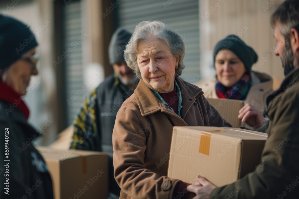 Senior Caucasian woman with gray hair smiling while holding a cardboard box outdoors, interacting with others. Senior Caucasian woman with gray hair smiling while holding a cardboard box outdoors, interacting with others.