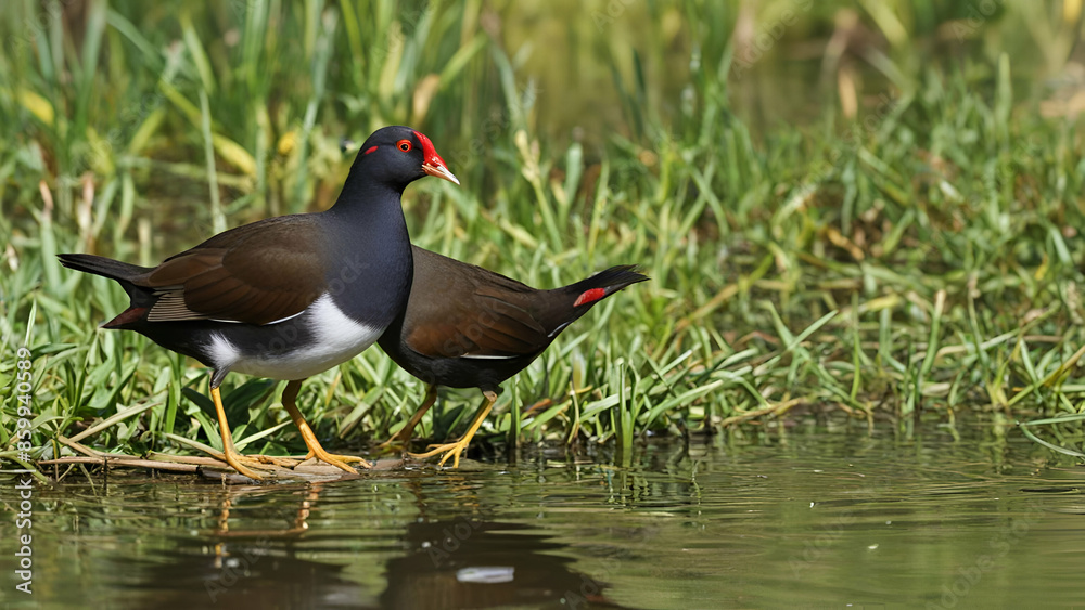 pair of Common moorhen walking on the bank of Lake pair of Common moorhen walking on the bank of Lake