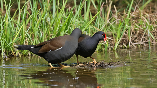 pair of Common moorhen walking on the bank of Lake