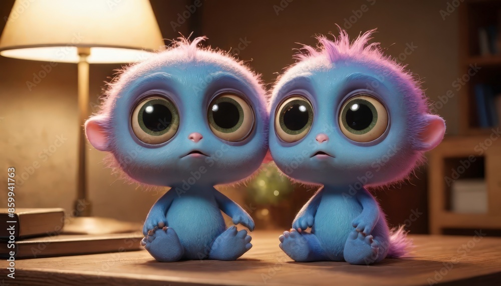 Obraz premium Two Cute Blue Furry Creatures Sitting on a Table.