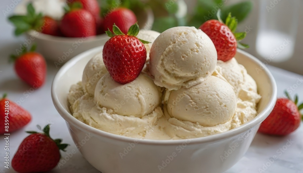 Bowl of vanilla ice cream with strawberries. Bowl of vanilla ice cream with strawberries.