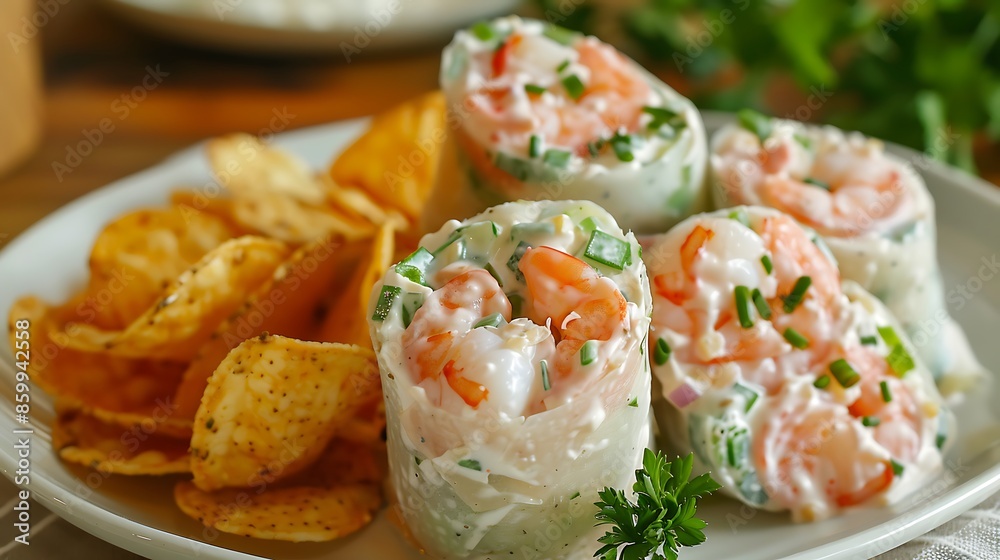 Creamy shrimp salad rolls with potato chips Creamy shrimp salad rolls with potato chips