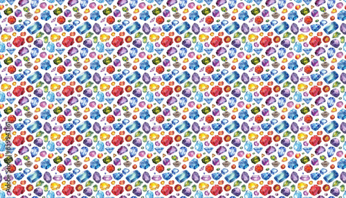 A copic illustration pattern of colorful gemstones scattered on white background, arranged in random patterns, with no clear outline or shape photo