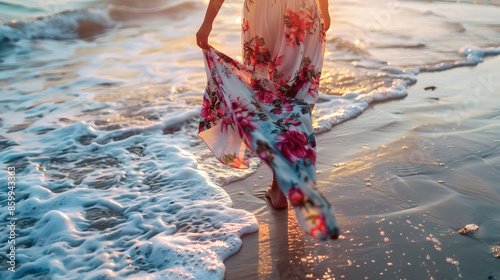 Girl wearing floral maxi skirt walking barefoot on the sea shore Thailand Phuket Bohemian clothing style : Generative AI