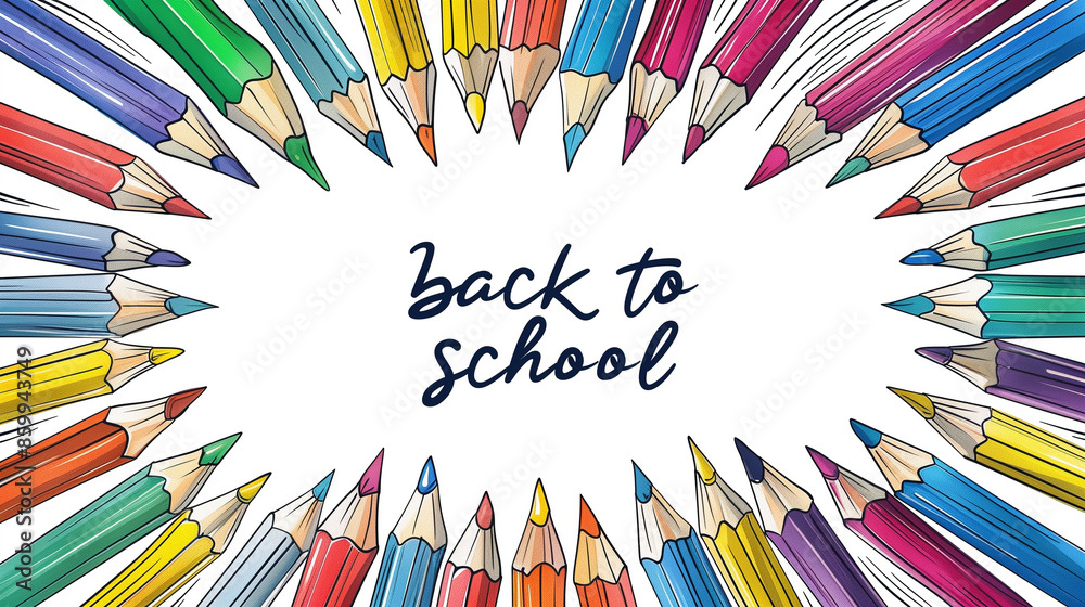 Fototapeta premium copy space in the middle , handdrawn cartoon style illustration, colour pencils arranged as a frame, text 