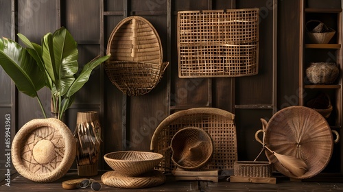 A collection of various wicker and bamboo home decor items neatly displayed against a wooden wall background. 