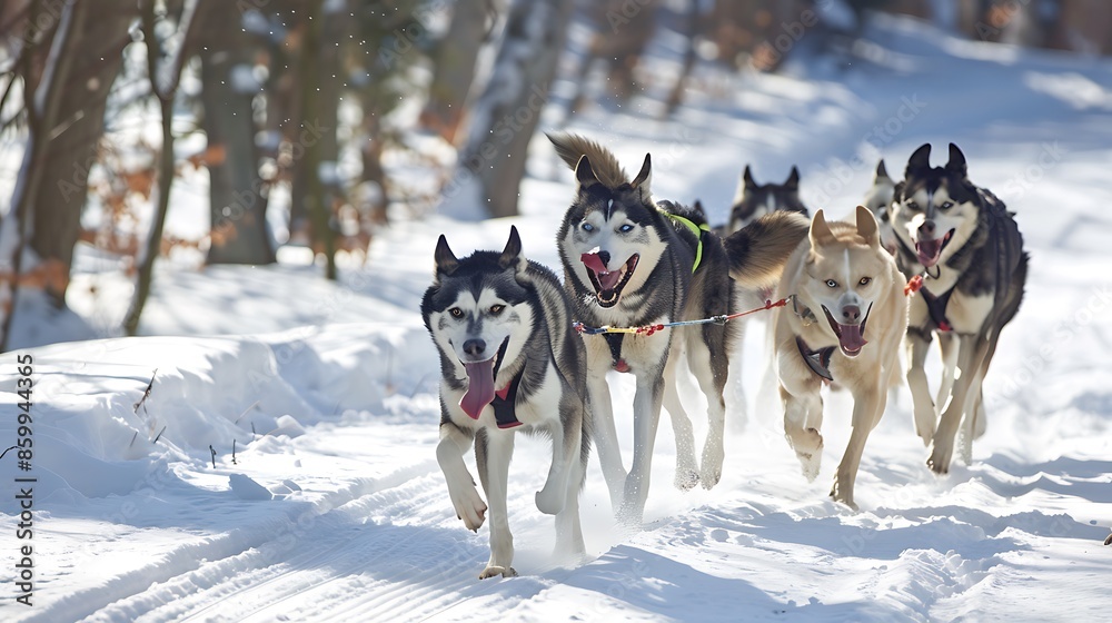Dogs work together in tandem in the dog sled race together they will propel the team forward towards victory