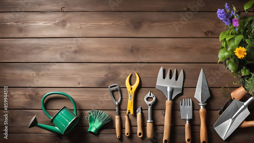 a top-view composition of essential gardening tools arranged on a rustic wooden background. Include items such as spade, rake, pruning shears, watering can, and gloves, with space for garden care tips