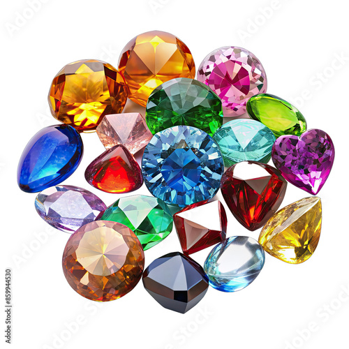Close-up of colorful gemstones on a white background, arranged in a cluster to highlight their vibrant colors and intricate details. Generative AI