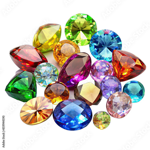 A collection of various colorful gemstones arranged on a white background. The stones are cut and polished, showcasing their unique brilliance and intricate facets. Generative AI