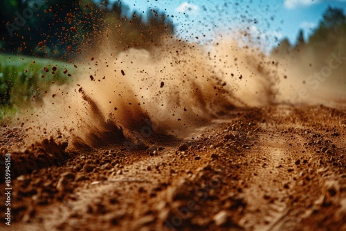 Dynamic dirt trail with flying dust and tire tracks, capturing the energy and movement in an outdoor off-road environment.