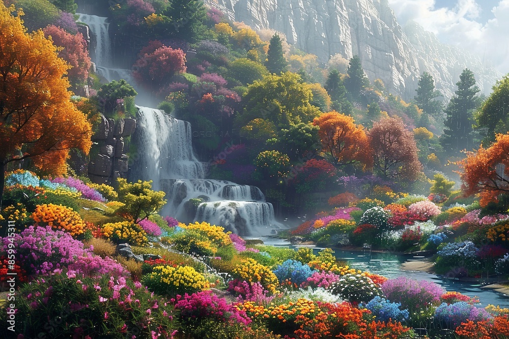 Beautiful Paradise Land with Flower and Waterfall created with Generative AI Beautiful Paradise Land with Flower and Waterfall created with Generative AI