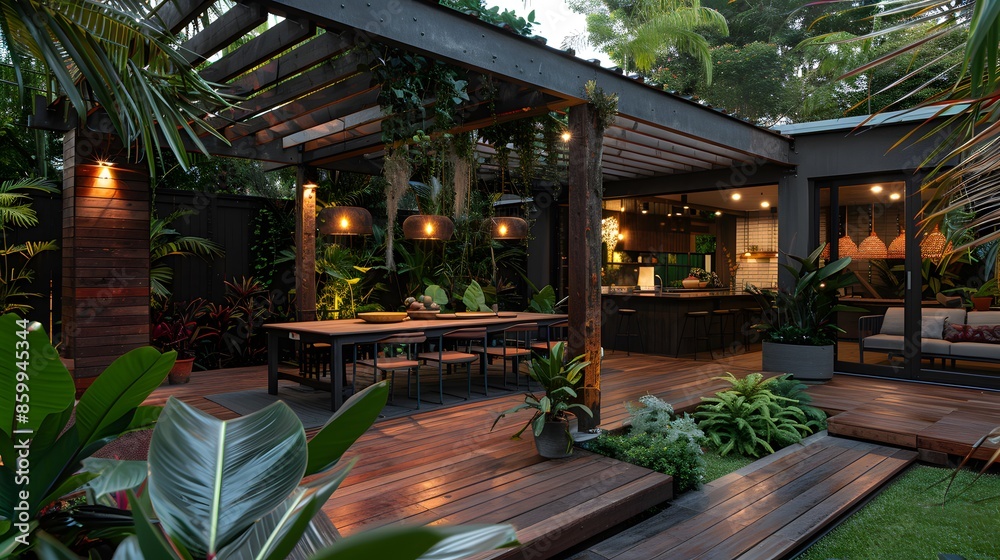 Tranquil outdoor patio area with lush greenery, a dining set, and decorative lighting at dusk, creating an inviting entertainment space. Tranquil outdoor patio area with lush greenery, a dining set, and decorative lighting at dusk, creating an inviting entertainment space.