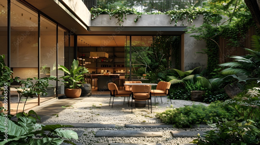 Fototapeta premium Modern outdoor dining area of a luxurious house surrounded by green plants and nature at dusk with the warm glow of interior lights illuminating the space. 
