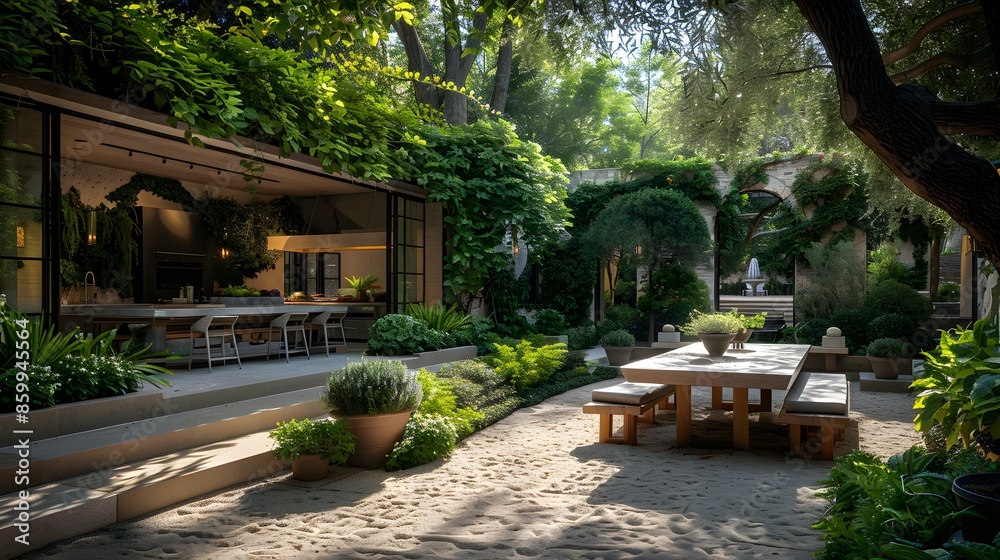 Obraz premium A serene outdoor patio design with lush greenery and modern furniture under a shaded tree canopy.