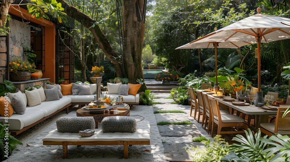 Luxurious outdoor living space with comfortable seating and dining area amidst lush greenery, perfect for a serene relaxation spot. Luxurious outdoor living space with comfortable seating and dining area amidst lush greenery, perfect for a serene relaxation spot.