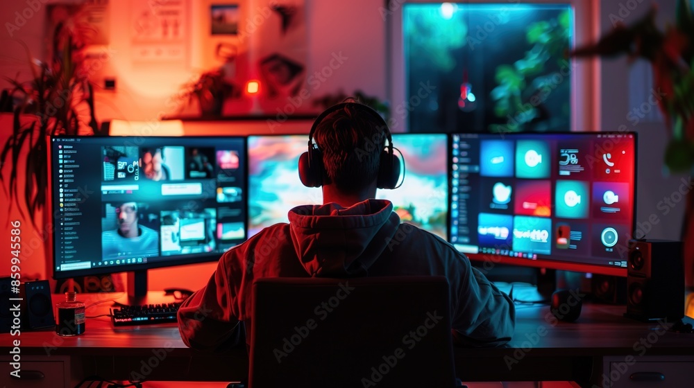 Modern Freelance Social Media Manager at Home with Dual Monitors for Multitasking Modern Freelance Social Media Manager at Home with Dual Monitors for Multitasking