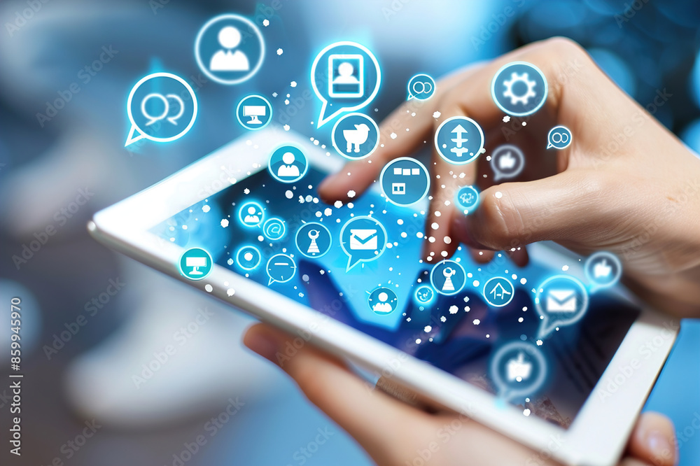 Using a chat app on tablet: Hands messaging on a tablet screen with chat bubbles visible. Using a chat app on tablet: Hands messaging on a tablet screen with chat bubbles visible.