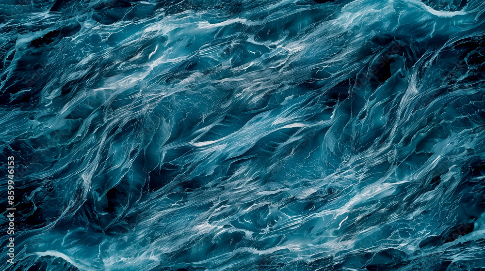 Fototapeta premium The image is of a body of water with waves and foam. The water appears to be blue and white, and the waves are crashing against the shore. Scene is calm and peaceful, as the water seems to be still
