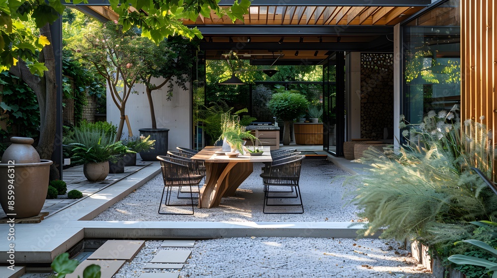 Modern outdoor patio with stylish furniture set in a lush garden landscape, perfect for relaxation and entertainment. Modern outdoor patio with stylish furniture set in a lush garden landscape, perfect for relaxation and entertainment.