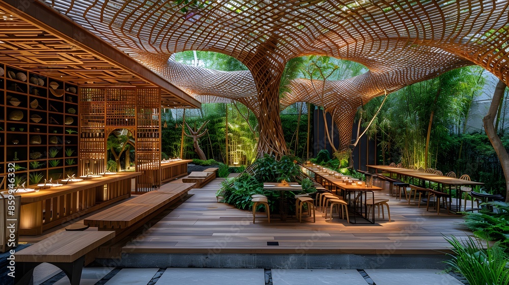 A modern eco-friendly architectural design with a wooden lattice roof structure amidst lush greenery creates a serene environment for relaxation and contemplation. A modern eco-friendly architectural design with a wooden lattice roof structure amidst lush greenery creates a serene environment for relaxation and contemplation.