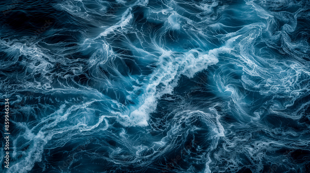 Obraz premium The image is of a large body of water with a lot of waves. The water is blue and white, and the waves are crashing against the shore