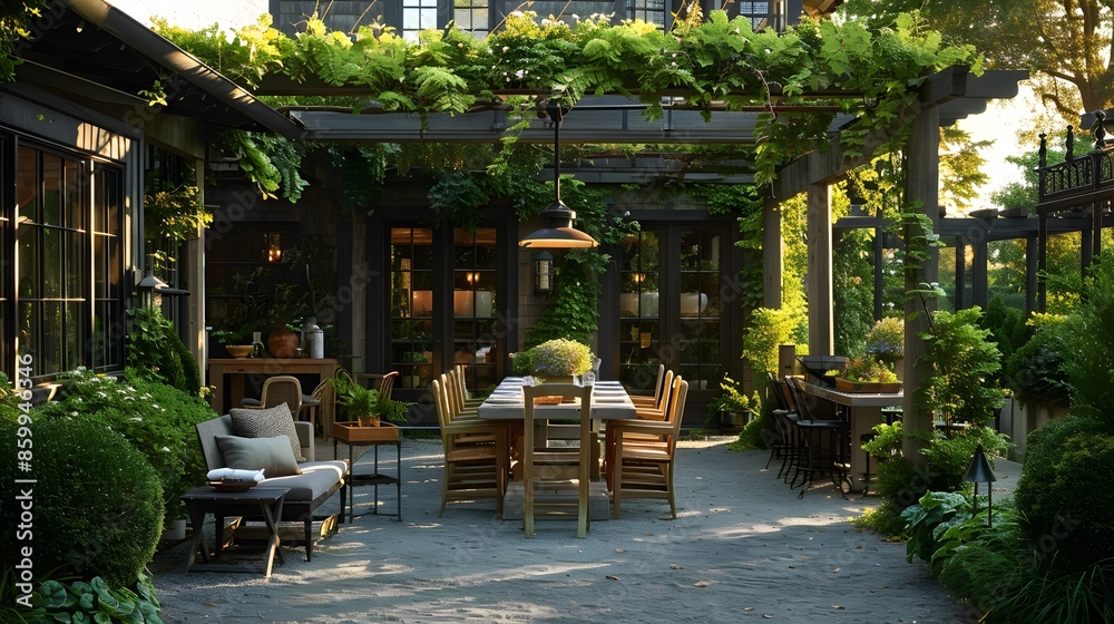 Elegant outdoor patio dining area surrounded by lush greenery and sophisticated furniture under a pergola, at sunset Elegant outdoor patio dining area surrounded by lush greenery and sophisticated furniture under a pergola, at sunset