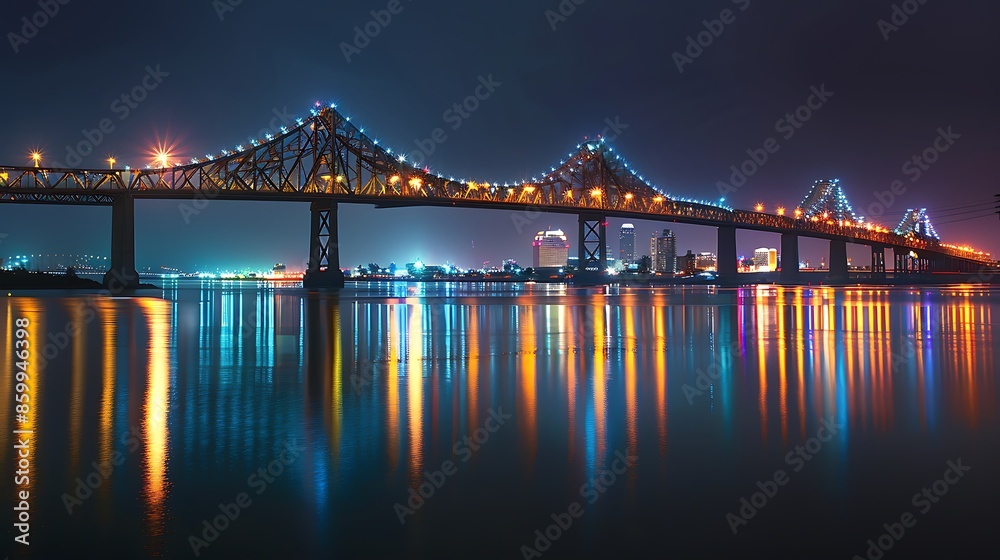 Fototapeta premium Francis scott key bridge and skyline at night with the lights on