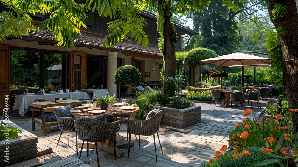 Obraz premium Elegant outdoor dining area at a restaurant with natural greenery and modern furniture set for guests. 