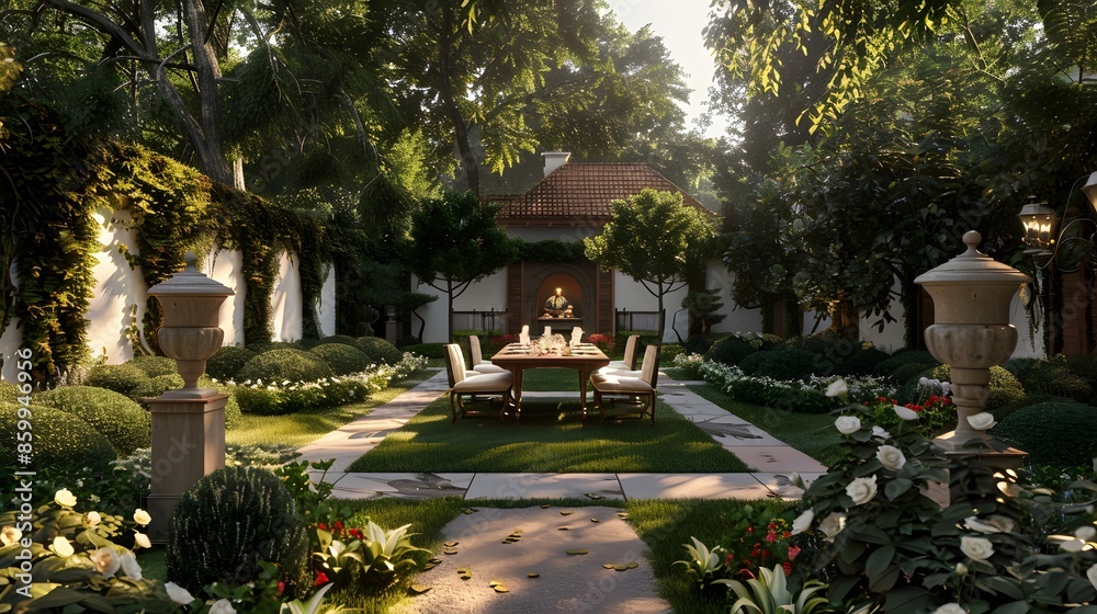 An elegant outdoor dining setup in a luxurious garden at dusk with warm lighting and lush greenery enhancing the ambience. An elegant outdoor dining setup in a luxurious garden at dusk with warm lighting and lush greenery enhancing the ambience.