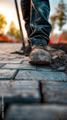 Construction Worker Laying Pavers on Street  © aimired