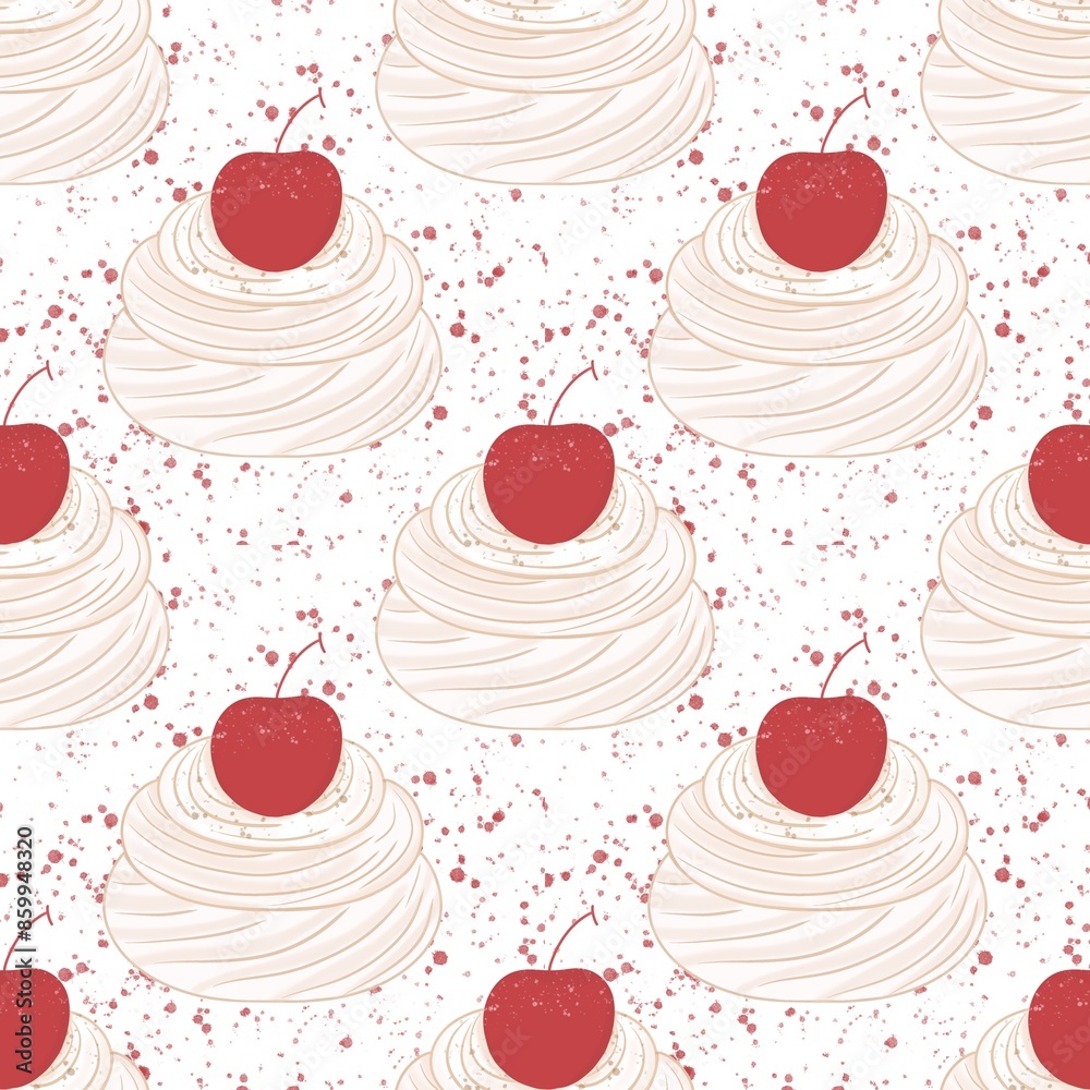 Whipped cream with cherry, seamless pattern illustration.