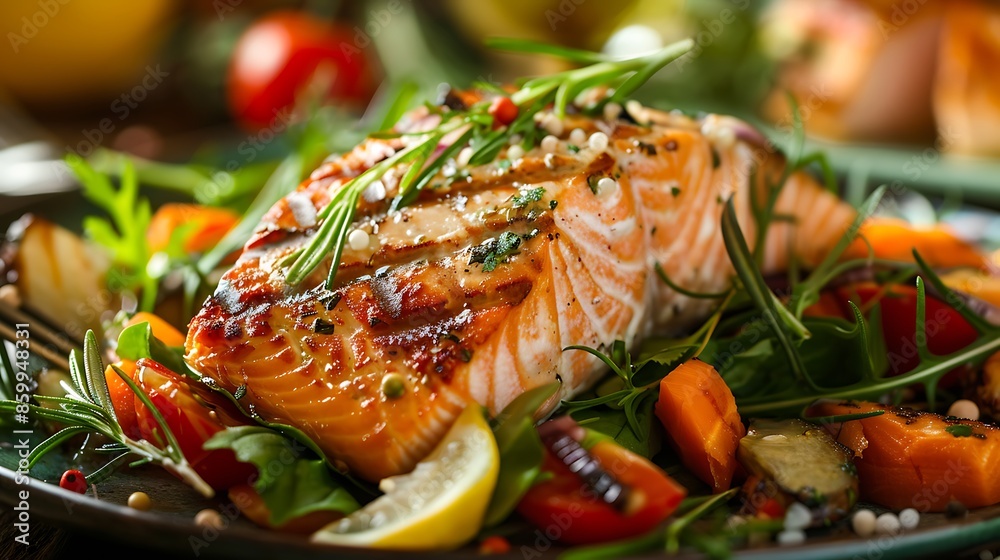 Grilled salmon fillet and fresh vegetable salad