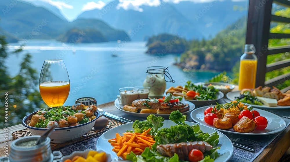 A sumptuous spread of healthy food, including fruits, vegetables, and cereals, stylishly arranged on a luxurious dining table in a high-end wellness hotel. A sumptuous spread of healthy food, including fruits, vegetables, and cereals, stylishly arranged on a luxurious dining table in a high-end wellness hotel.