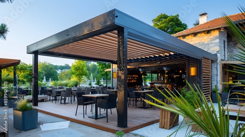 Contemporary outdoor dining area with slatted wood roofing photo