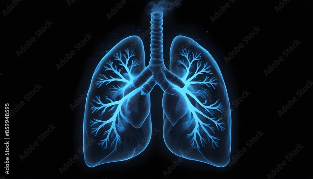 X-ray image of human lungs and respiratory system against a dark background X-ray image of human lungs and respiratory system against a dark background