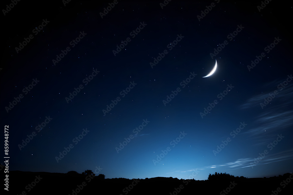 Surreal Night Sky Spectacle: The Mesmerizing Beauty of a Radiant Crescent Moon Against a Twinkling Starlit Backdrop Surreal Night Sky Spectacle: The Mesmerizing Beauty of a Radiant Crescent Moon Against a Twinkling Starlit Backdrop