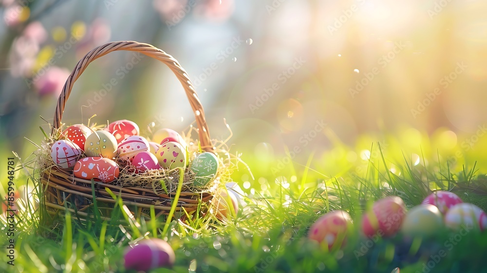 Happy easter basket with easter eggs in grass on a sunny spring day easter decoration banner panorama background Happy easter basket with easter eggs in grass on a sunny spring day easter decoration banner panorama background