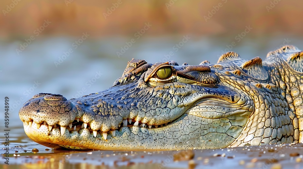 Obraz premium Head of the nile crocodile in profile close upcrocodile is an ancient predatory reptile lying on the shore against the background of the water surface
